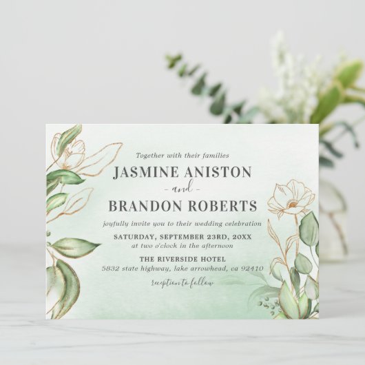 Elegante Eucalyptus Gouden Bruiloft Kaart (Staand voorkant)