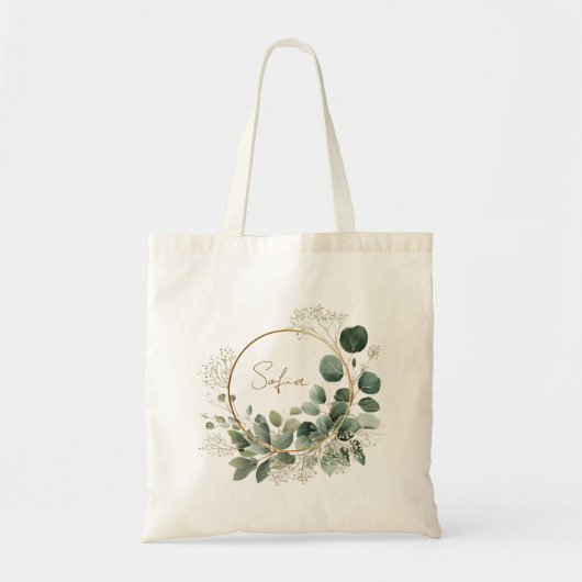 Elegante Eucalyptus Gouden Frame Gepersonaliseerde Tote Bag (Voorkant)