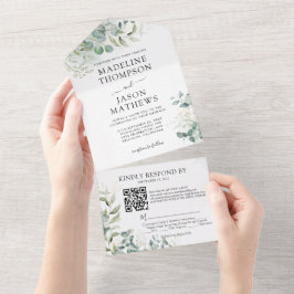 Elegante Eucalyptus Gouden Groene QR Code Trouwdag All In One Uitnodiging