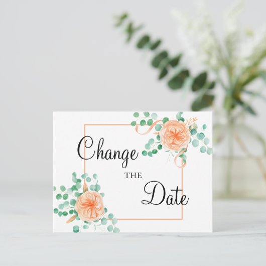 Elegante Eucalyptus Green Peach Wijzig de datum Briefkaart (Staand voorkant)