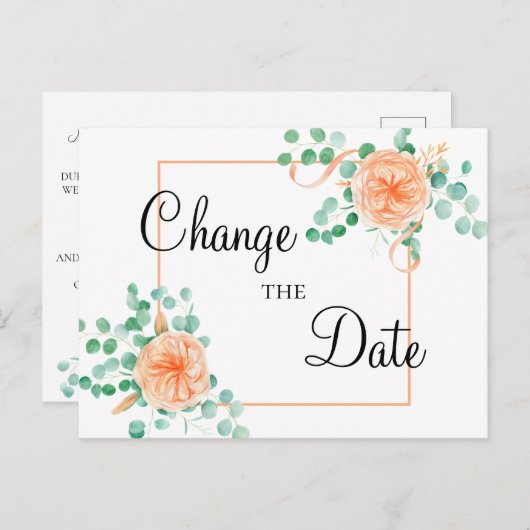 Elegante Eucalyptus Green Peach Wijzig de datum Briefkaart (Voorkant / Achterkant)