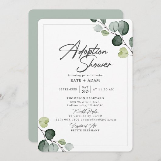 Elegante Eucalyptus Greenery Adoptie Baby shower Kaart (Voorkant / Achterkant)
