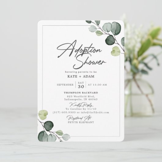 Elegante Eucalyptus Greenery Adoptie Baby shower Kaart (Staand voorkant)