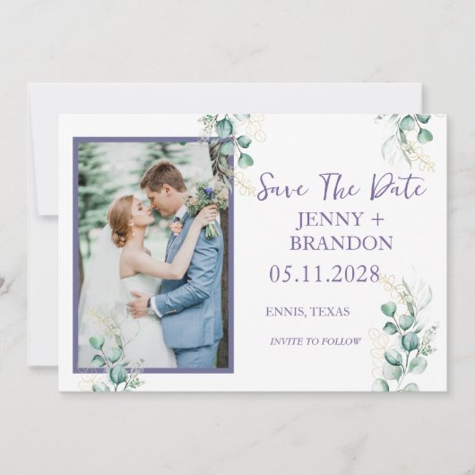 Elegante Eucalyptus Greenery Bloemen Foto boho Save The Date (Voorkant)
