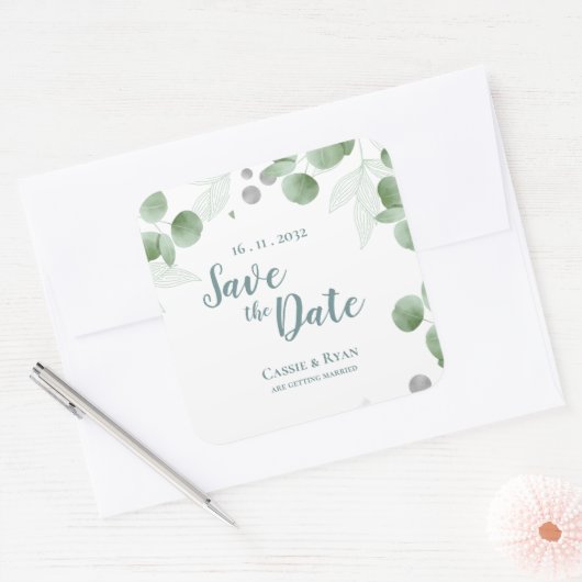 Elegante Eucalyptus Greenery bruiloft Bewaar de da Vierkante Sticker (Envelop)