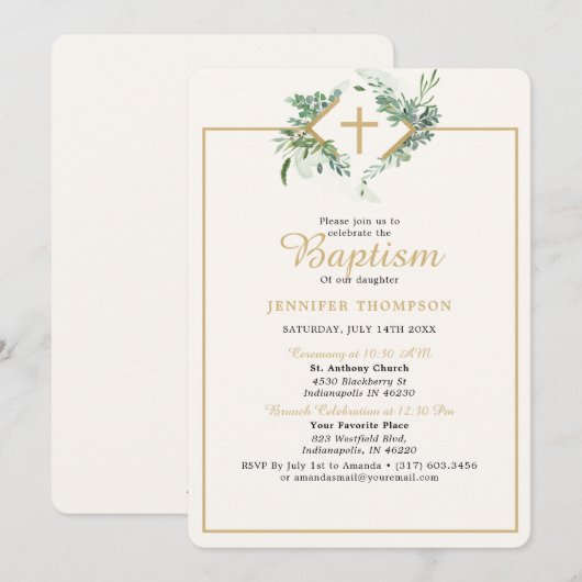 Elegante Eucalyptus Greenery Gouden Doop Kaart (Voorkant / Achterkant)