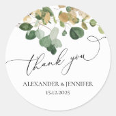 Elegante Eucalyptus Greenery gouden folie bruiloft Ronde Sticker (Voorkant)