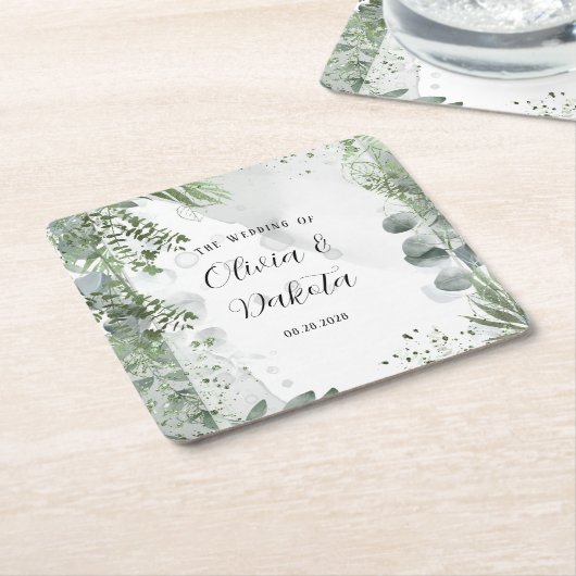 Elegante Eucalyptus Groen Alcohol Inkt Bruiloft Kartonnen Onderzetters (Schuin)