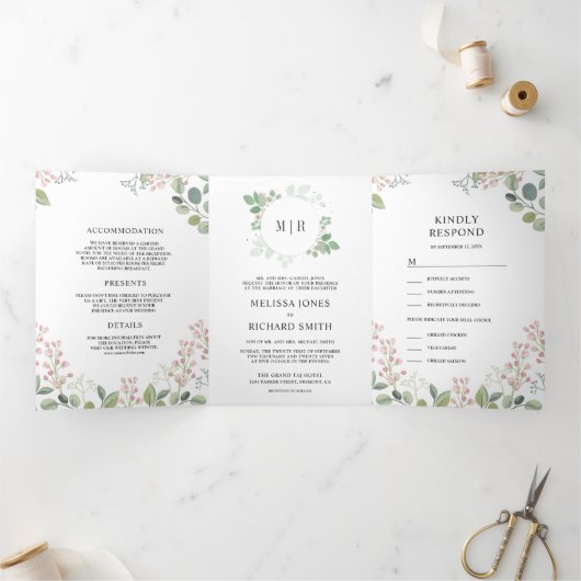 Elegante Eucalyptus groen alles in één bruiloft Drieluik Uitnodiging (Binnen)