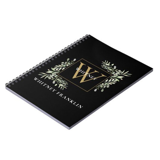 Elegante Eucalyptus Groen Blauw Goud Monogram Notitieboek (Linkerzijde)