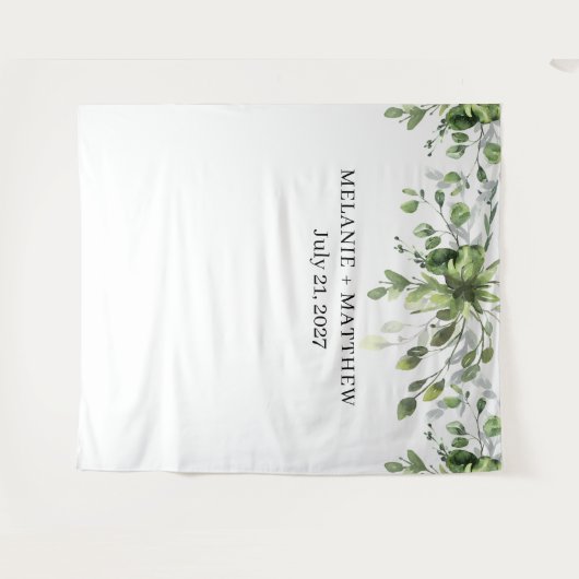 Elegante Eucalyptus groen bruiloft achtergrond Wandkleed (Voorkant (horizontaal))