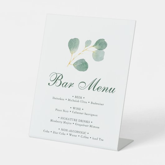 Elegante Eucalyptus groen bruiloft bar menu Reclamebord Met Voetstuk (Voorkant)