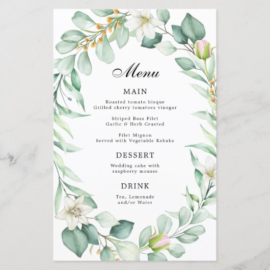 Elegante Eucalyptus groen bruiloft diner menu (Voorkant)