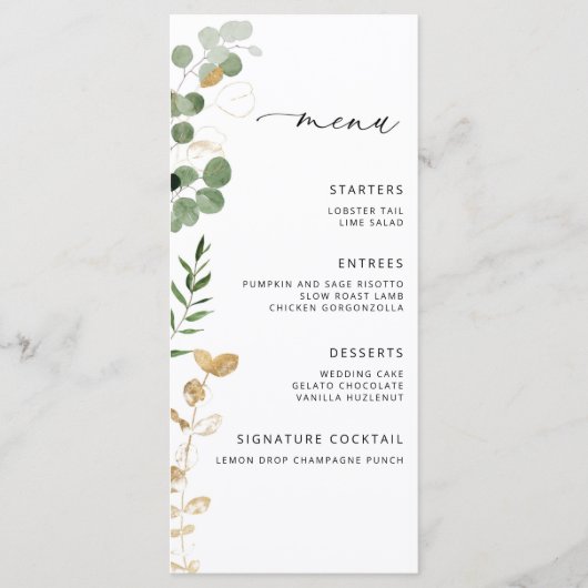 Elegante eucalyptus groen bruiloft menukaart (Voorkant)