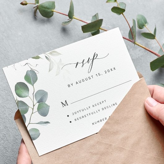 Elegante eucalyptus groen chique bruiloft RSVP kaartje