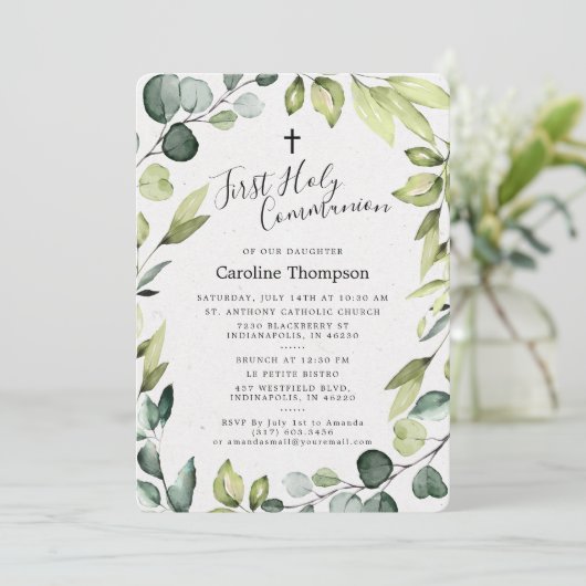 Elegante Eucalyptus Groen Eerste Heilige Communie Kaart (Staand voorkant)