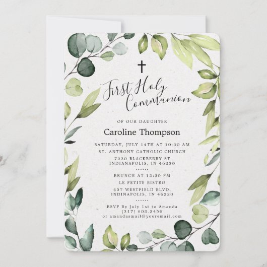 Elegante Eucalyptus Groen Eerste Heilige Communie Kaart (Voorkant)