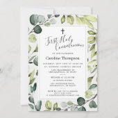 Elegante Eucalyptus Groen Eerste Heilige Communie Kaart (Voorkant)