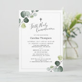 Elegante Eucalyptus Groen Eerste Heilige Communie Kaart (Staand voorkant)