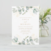 Elegante Eucalyptus groen en gouden bruiloft Kaart (Staand voorkant)