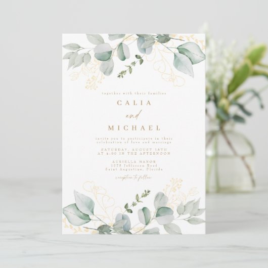 Elegante Eucalyptus groen en gouden bruiloft Kaart (Staand voorkant)