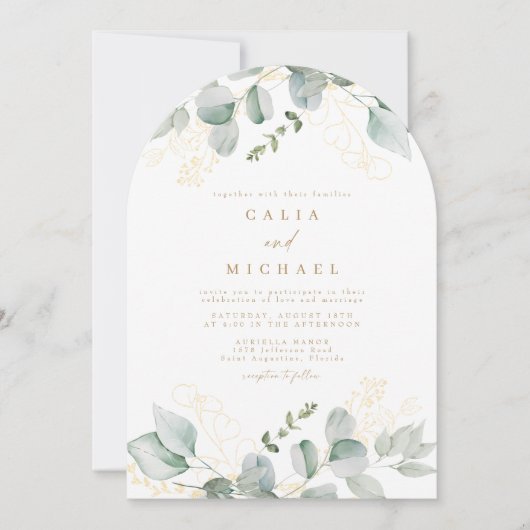 Elegante Eucalyptus groen en gouden trouwboog Kaart (Voorkant)