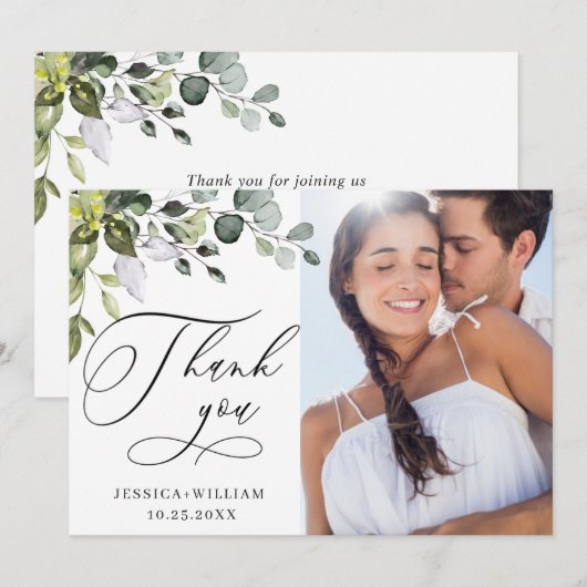 Elegante Eucalyptus groen FOTO bruiloft Bedankkaart (Voorkant / Achterkant)
