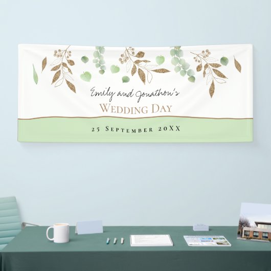 Elegante Eucalyptus Groen Goud Namen Datum Huwelij Spandoek (Beurs)