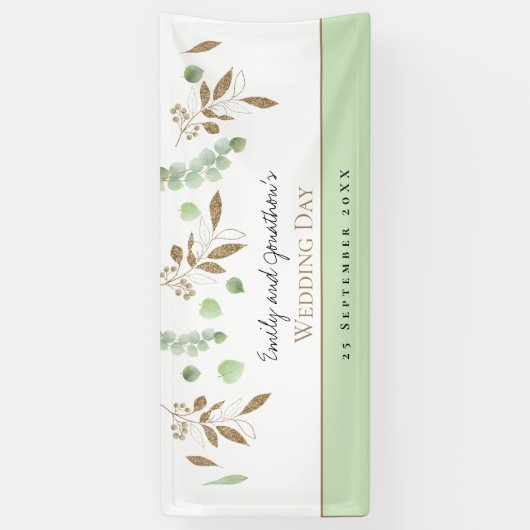 Elegante Eucalyptus Groen Goud Namen Datum Huwelij Spandoek (Verticaal)