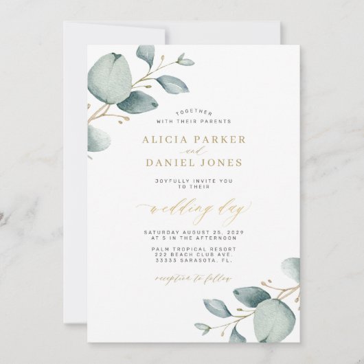 Elegante eucalyptus groen goud QR RSVP bruiloft Kaart (Voorkant)