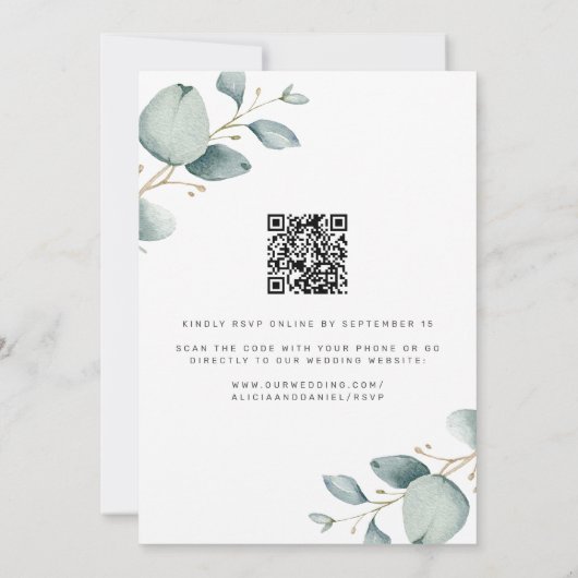 Elegante eucalyptus groen goud QR RSVP bruiloft Kaart (Achterkant)