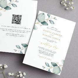 Elegante eucalyptus groen goud QR RSVP bruiloft Kaart