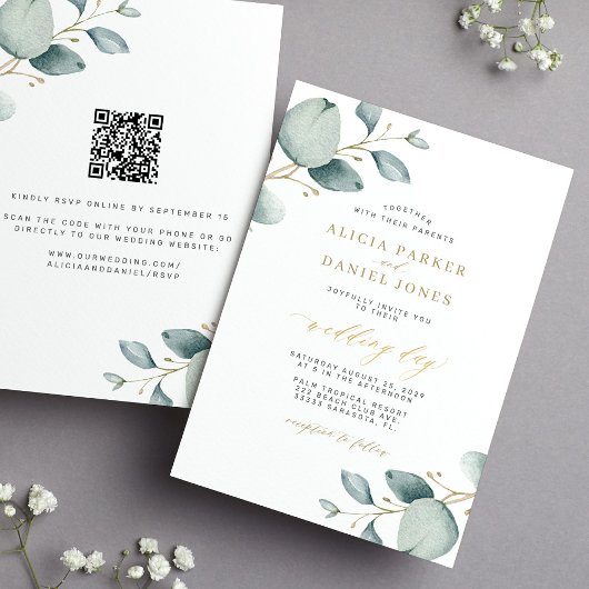Elegante eucalyptus groen goud QR RSVP bruiloft Kaart