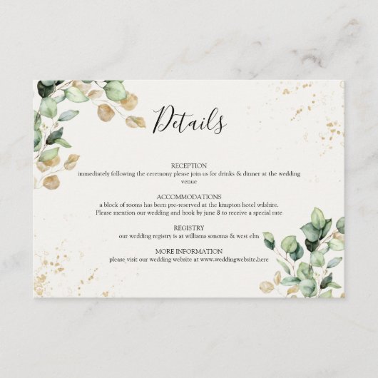 Elegante Eucalyptus groen & gouden accenten bruilo Informatiekaartje (Voorkant)