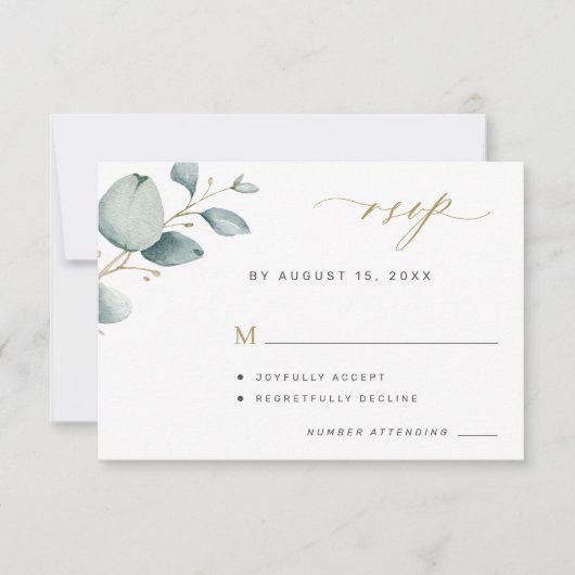 Elegante eucalyptus groen gouden bruiloft RSVP kaartje (Voorkant)