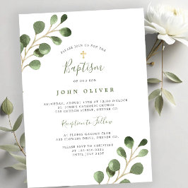 Elegante eucalyptus groen gouden kruis Doop Kaart