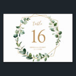 Elegante Eucalyptus groen gouden tafelnummers<br><div class="desc">Ontworpen om te coördineren met onze Moody Greenery bruiloft collectie, deze aanpasbare tabel nummers kaart beschikt over een gouden geometrische lijst geaccentueerd met waterverf eucalyptus groen takken, met gouden en grijze tekst. Als u geavanceerde wijzigingen wilt aanbrengen, selecteert u onder Deze sjabloon personaliseren de optie "Klik om verder aan te...</div>