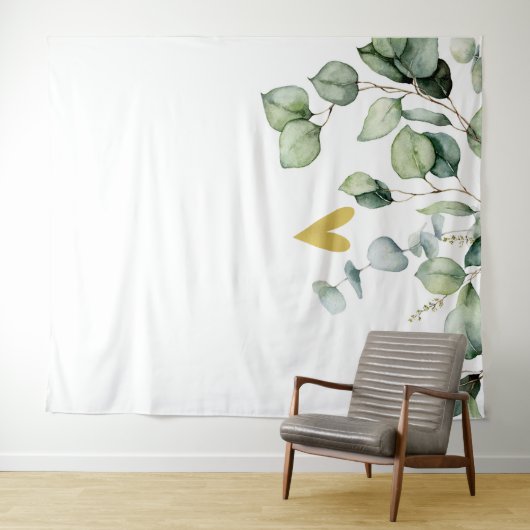 Elegante Eucalyptus groen hart bruiloft achtergron Wandkleed (In Situ (horizontaal))