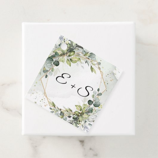 Elegante eucalyptus groen initialen bruiloft bedankjes labels (In situ)