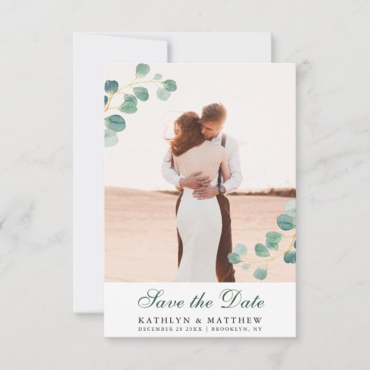 Elegante Eucalyptus groen kalligrafie bruiloft Save The Date (Voorkant)