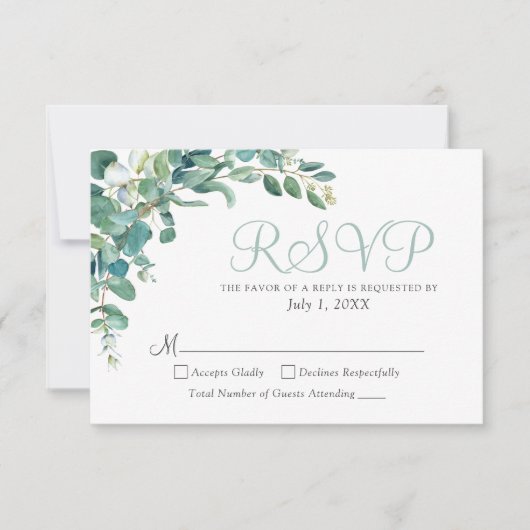 Elegante Eucalyptus groen laat bruiloft RSVP (Voorkant)