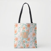 Elegante Eucalyptus Groen Peachy Modieus Monogram Tote Bag (Voorkant)