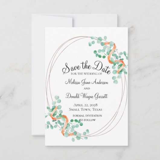 Elegante Eucalyptus Groen Perzik Bloem Save The Date (Voorkant)