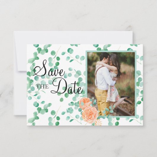 Elegante Eucalyptus Groen Perzik Bloem Save The Date (Voorkant)