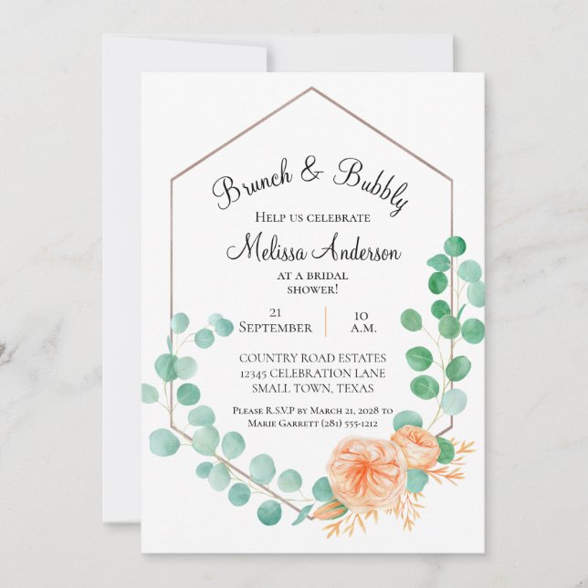Elegante Eucalyptus Groen Perzik Bruids Brunch (Voorkant)