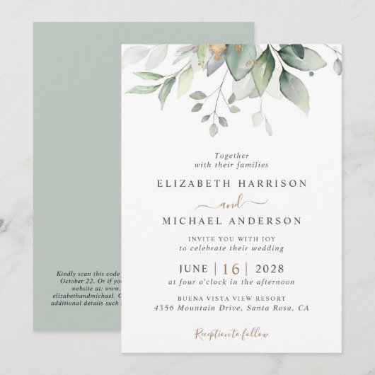 Elegante Eucalyptus groen QR code bruiloft Kaart (Voorkant / Achterkant)