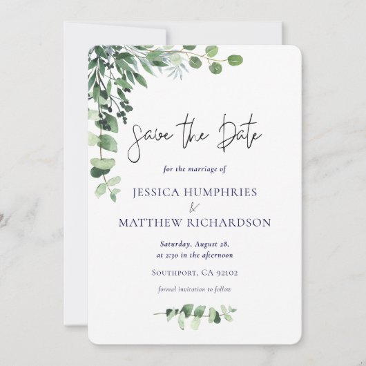 Elegante Eucalyptus Groen Wit Bruiloft Flat Save The Date (Voorkant)