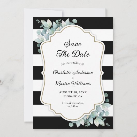 Elegante Eucalyptus groen zwart wit bruiloft Save The Date (Voorkant)