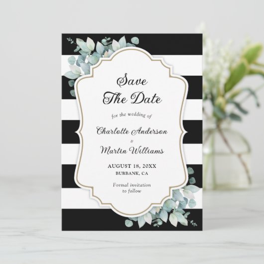 Elegante Eucalyptus groen zwart wit bruiloft Save The Date (Staand voorkant)