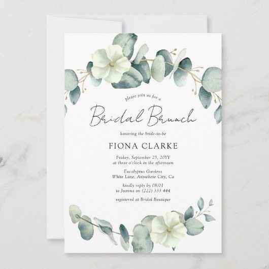 Elegante Eucalyptus Groene Bruidsbrunch Kaart (Voorkant)